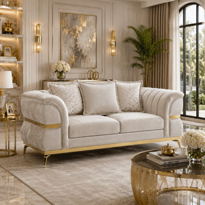 Jysa Loveseat, 3 Pillows, Gold Trim Flared Arms, Beige 68 Inch