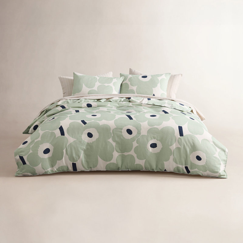 Marimekko Fokus Cotton Navy Duvet Cover Set, Full/Queen Duvet Cover + 2 Standard Shams, Light Gray