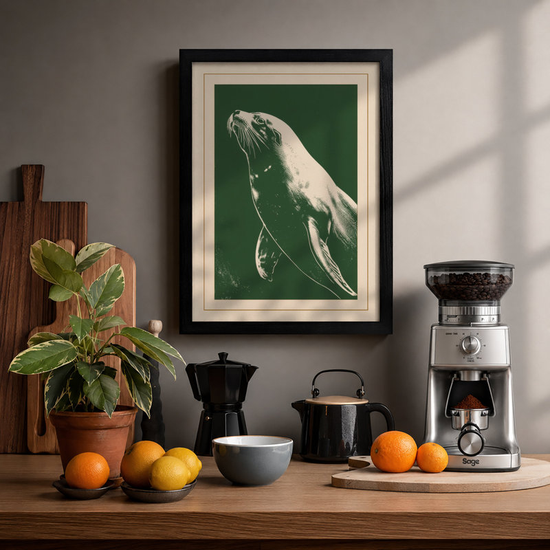 Graceful Seal Study Japandi - Framed Print, Black, A4 - 29.7 x 21.0 cm