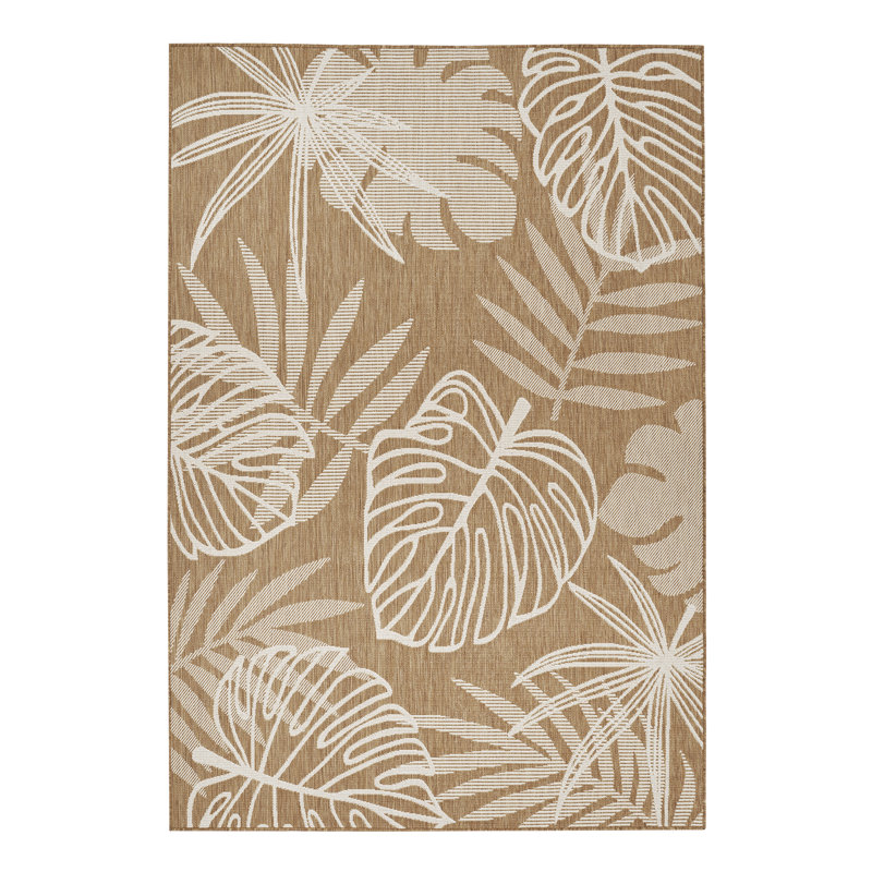 Tropical Leaf UV Resistant Woven Indoor Outdoor Rug Brown/Beige/Ivory, Rectangle 5' x 7', Brown/Beige/Ivory