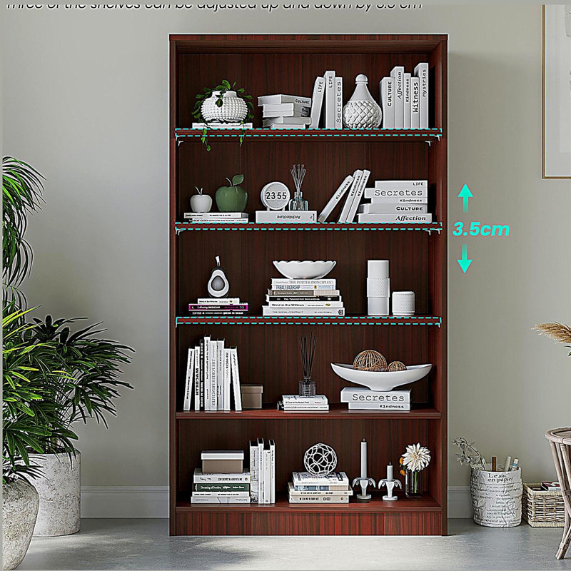 5 Tier Bookcase Modern Wood Bookshelf, Mahogany, (5 Shelves) 59.8"H x 33"W x 11.6"D