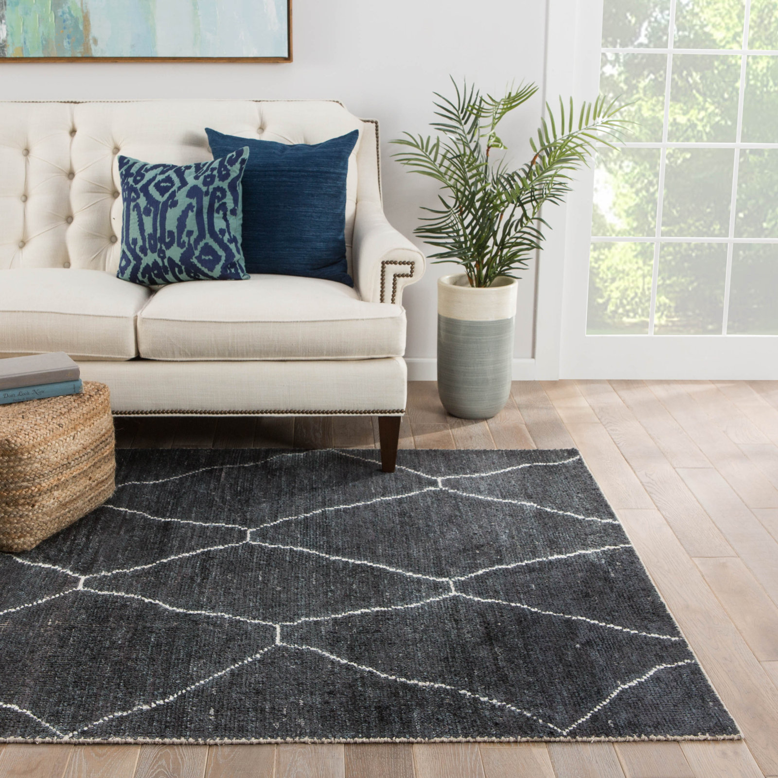 Rowan Black White Hand-Loomed Geometric Rug, Rectangle 5' x 8'