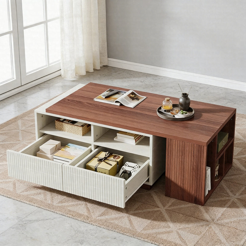 Table basse extensible, table basse réversible centrale avec 2 tiroirs et rangement caché