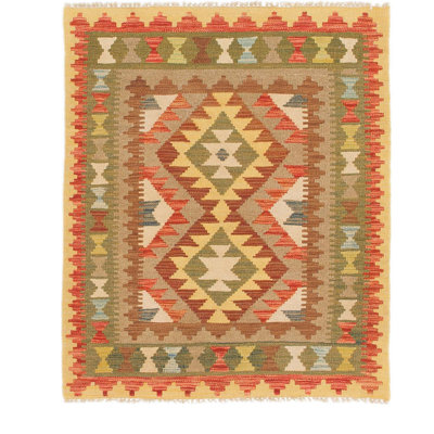 Tapis de surface en laine vert/rouge/beige 3 pi x 3 pi noué la one-of-kind Doorfield