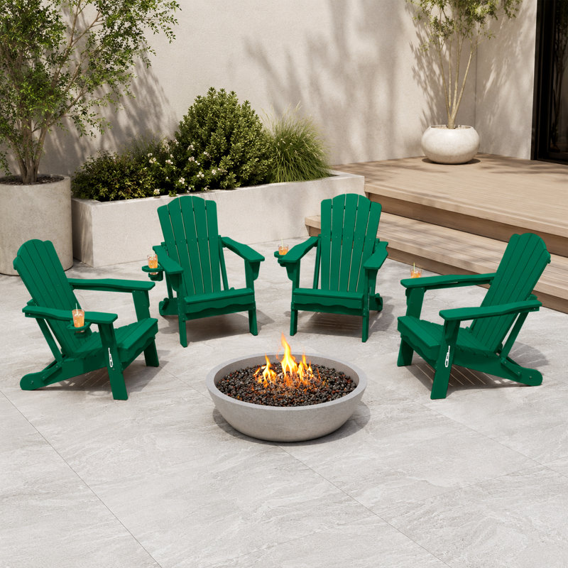 Chaise Adirondack pliante verte en PEHD résistante aux intempéries avec porte-gobelet pour terrasse et jardin, Vert