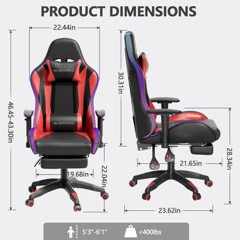 Fauteuil de jeu inclinable ergonomique à dossier haut avec support lombaire de massage, appui-tête réglable et chaise de bureau pivotante à 360 °