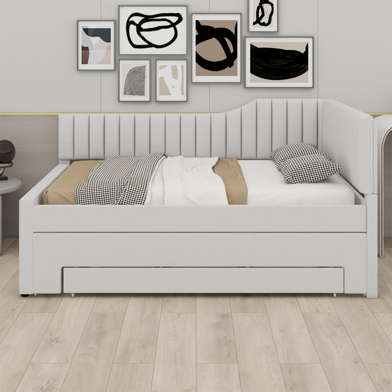 Lit de jour rembourré avec lit gigogne et trois tiroirs, Beige, Double