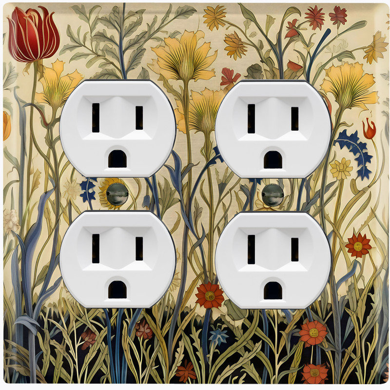 Couvercle de plaque d'interrupteur en métal; Rectangle 2 bandes US standard - Fleurs rétro, Prise double # 9