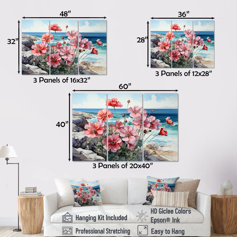 Costal Geraniums Flower Blossom I - Geraniums, ensemble d'art sur toile, H 40 po x l 60 po x P 1 po