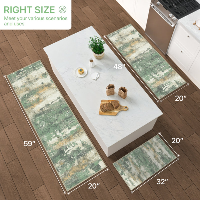Machine Washable Anti-Slip Water Resistant Kitchen Mat, Green/Beige