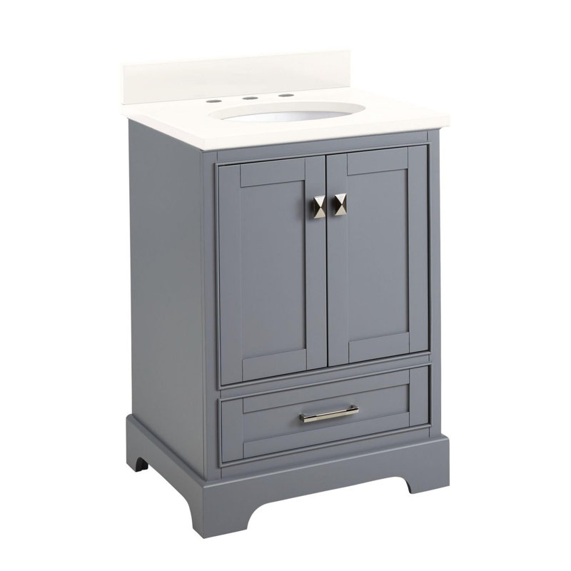 Quen 24" Freestanding Single Basin Vanity Set with Cabinet, Vanity Top, and Oval Undermount Sink, Arctic White Quartz