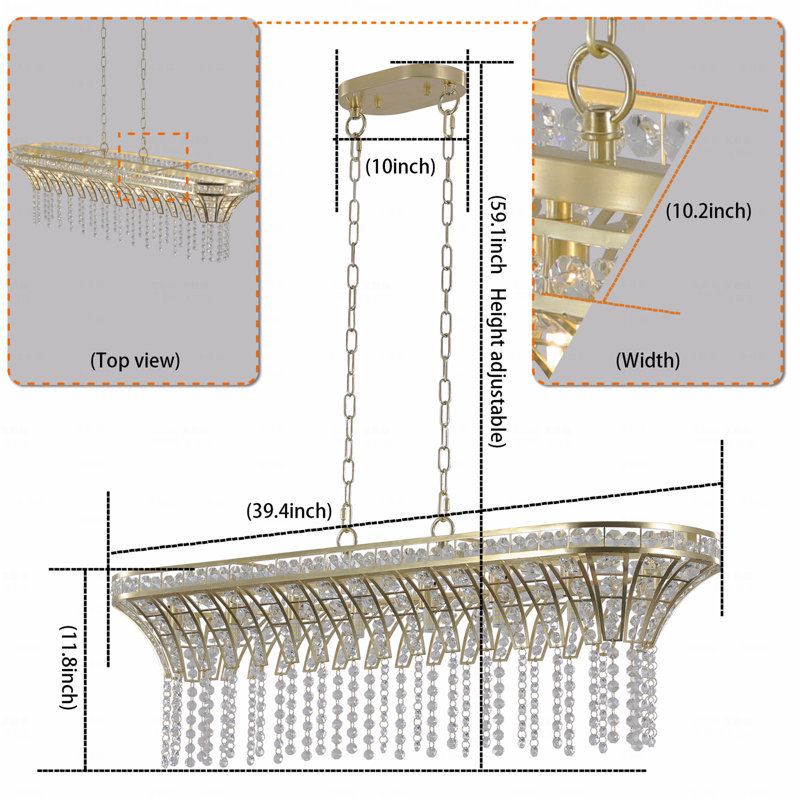 Lustre en cristal de style moderne de 39 po avec un design linéaire rectangulaire avec une finition dorée, un luminaire suspendu élégant avec des perles en cascade