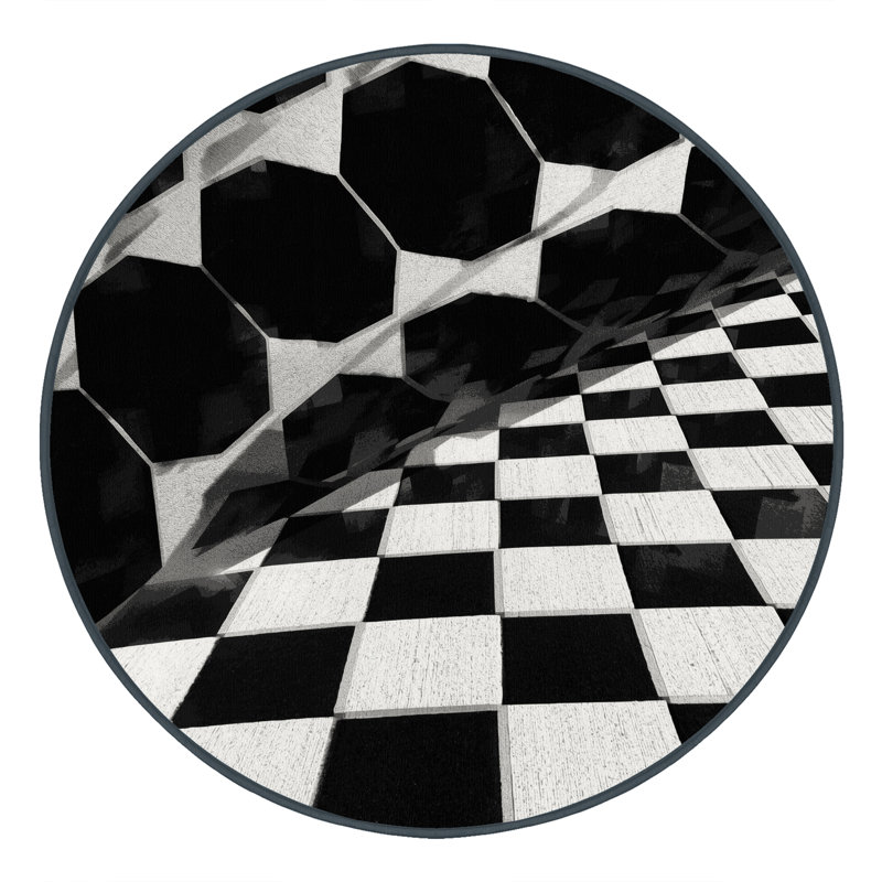 Soft Plush Adlai Modern & Contemporary Geometric Shapes Area Rug in Blue – Black Binding, 7' Round