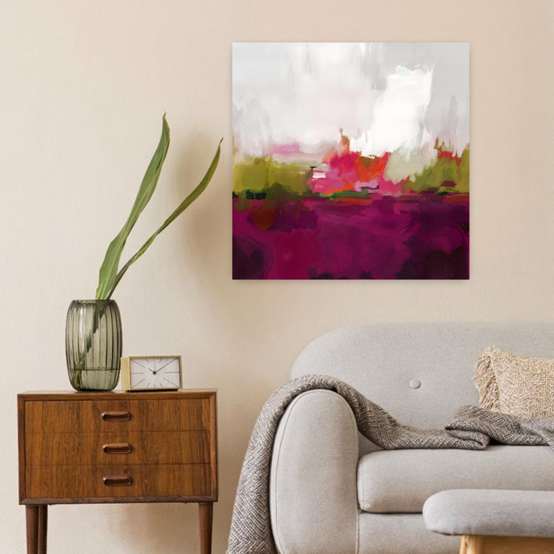 Art contemporain, paysage contemporain abstrait coloré, coucher de soleil, H 24 po x l 24 po