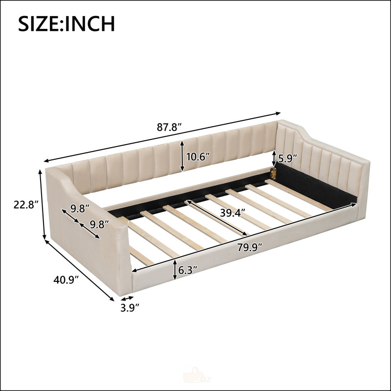 Twin XL Size Upholstery Daybed And Side Storage Pocket, Beige