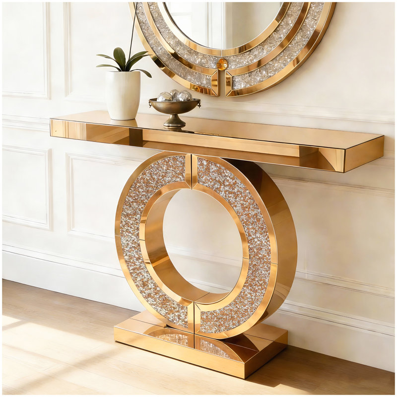 Console en miroir avec incrustation de diamant concassé, longue entrée modulable, base étroite en forme de 0 moderne (brun)