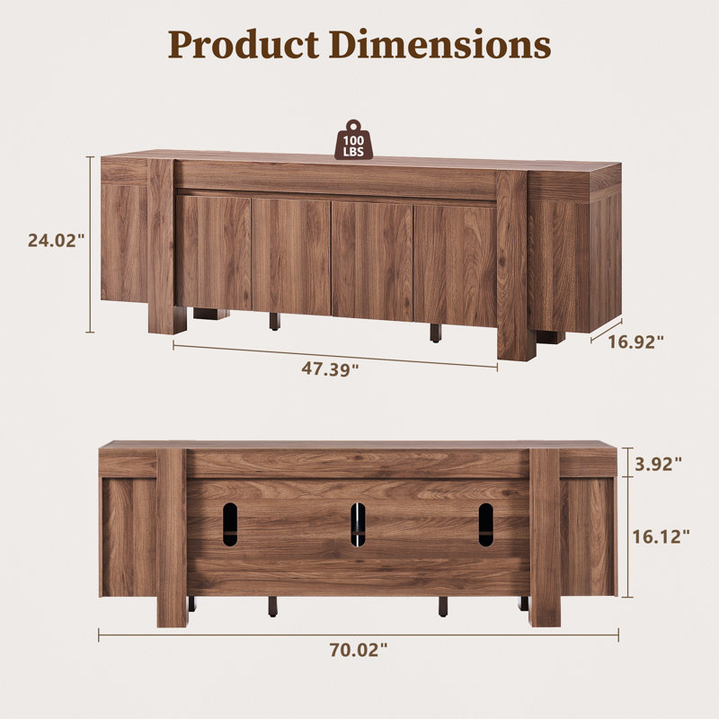 70" Modern Farmhouse Wooden Tv Stand, Media Console With Closed Storage Cabinets, Light Walnut