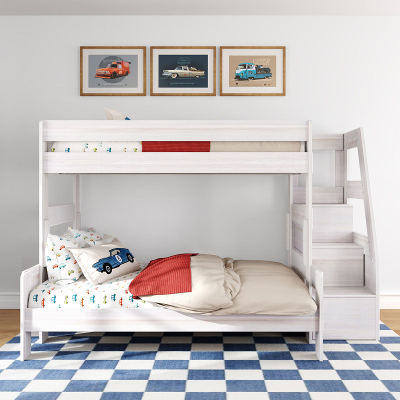 Modern Farmhouse Bunk Bed With Staircase, Twin Over Full, White Wash