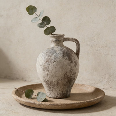 Ceramic Farmhouse Vase With Handle, Rustic Terracotta Decorative Vase For Living Room, Table, Shelf, And Mantle Decor, Waterproof Design For Fresh Or Dried Flowers