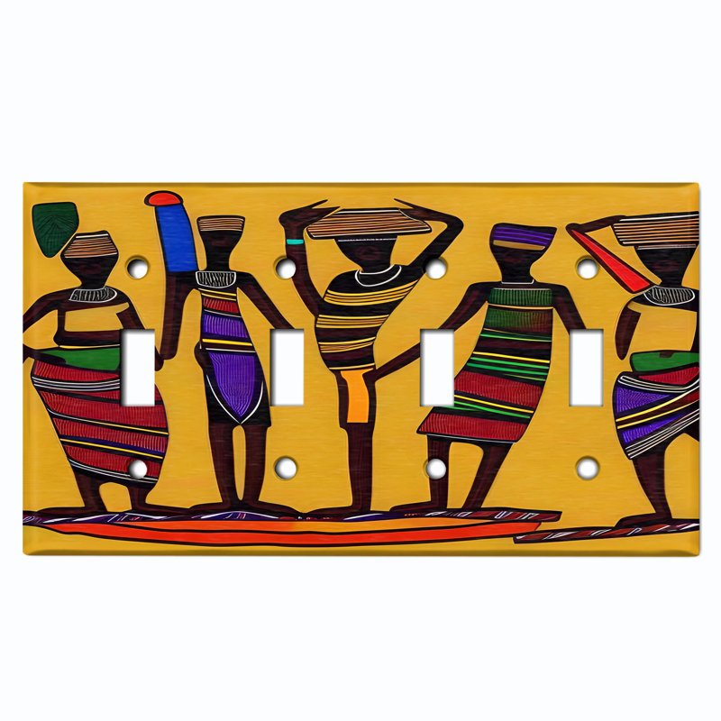 Native African Culture Women Orange Copper Rust Patina Teal Print 4 - Gang Toggle Light Switch Standard Wall Plate