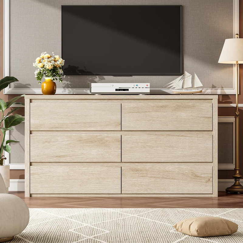 Commode 6 tiroirs pour la chambre à coucher, large commode en bois sans poignée, grande commode de rangement moderne pour le salon, vestibule d'entrée