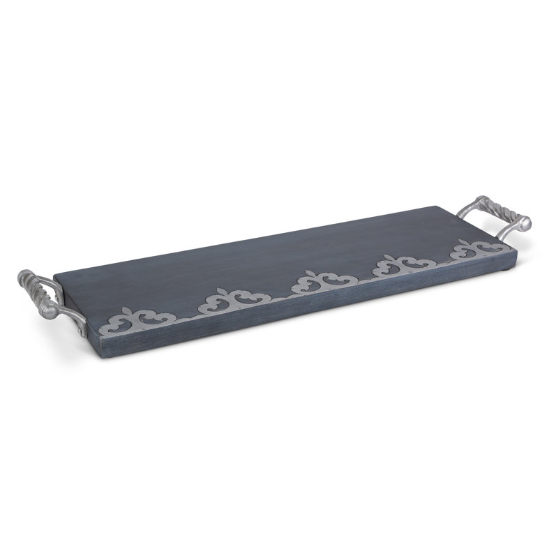 Gray-washed metal-inlay charcuterie board with handles