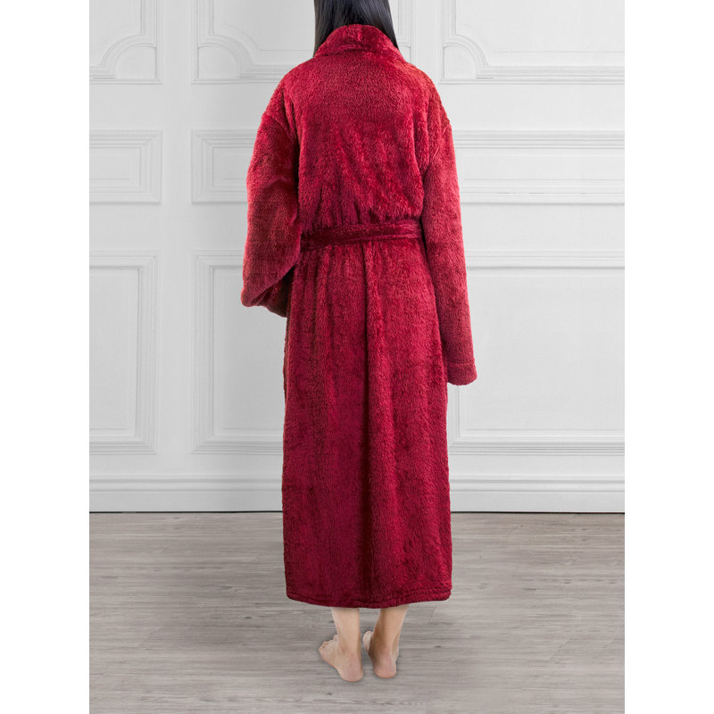 Wine Red Plush Fleece Bathrobe with Pockets, L/XL