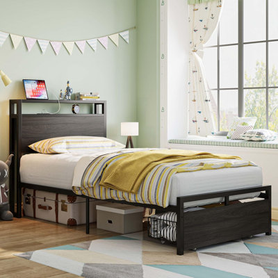 Bed Frames With Drawer, Storage Headboard With Outlets, No Box Spring Needed, Easy Assembly by 17 Stories