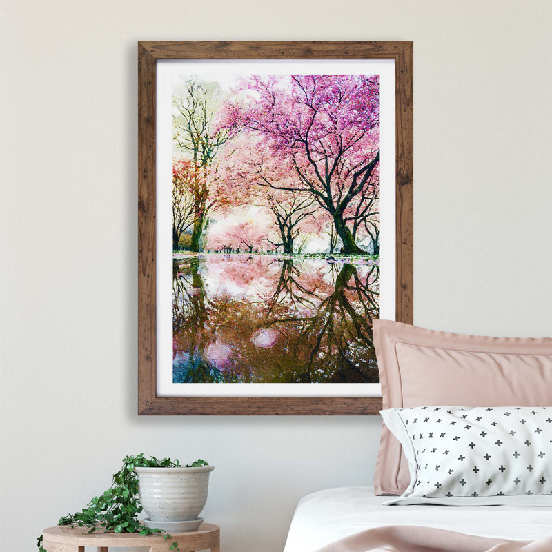 Reflection Of The Pink Blossom Trees - Single Picture Frame Painting, 33cm H x 45cm W x 2cm D, Walnut