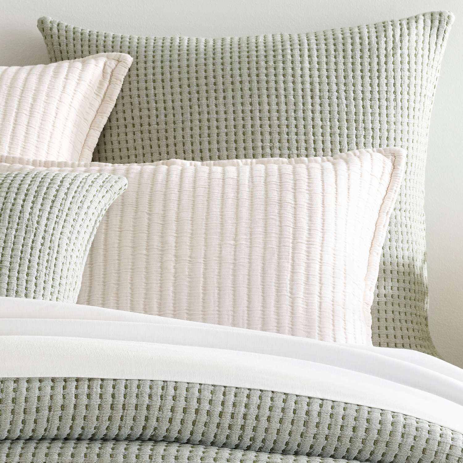 Pick Stitch Cotton Shams, Euro, Evergreen