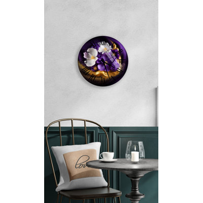 Horloge murale silencieuse moderne en verre trempé à motif floral mauve et blanc, chiffres romains noirs