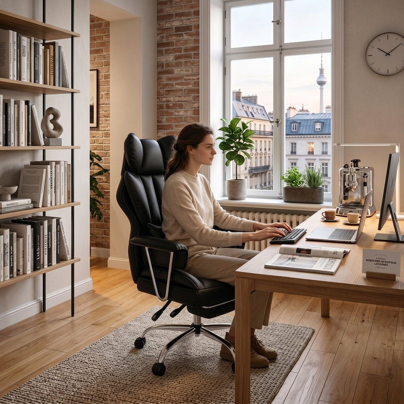 Ergonomic Adjustable Reclining Swiveling Office Chair - Faux Leather with Footrest for PC, Dark Black