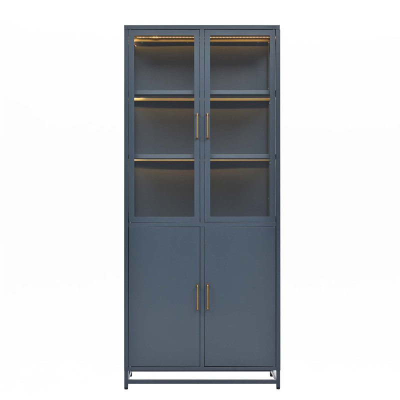 76.75'' Tall Display Cabinet With Glass Doors And LED Lights, Dark Blue