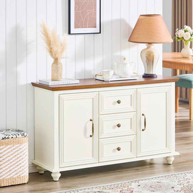 Buffet 47,3 "Mid Century, H 28,75 po x l 47,25 po x P 15 po, Blanc / Brun