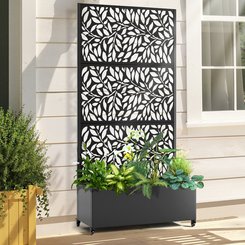 Metal Planter Box with Trellis, Freestanding Raised Garden Bed with Drainage Hole, Sturdy Trellis Planter Box for Patio, Balcony, or Deck