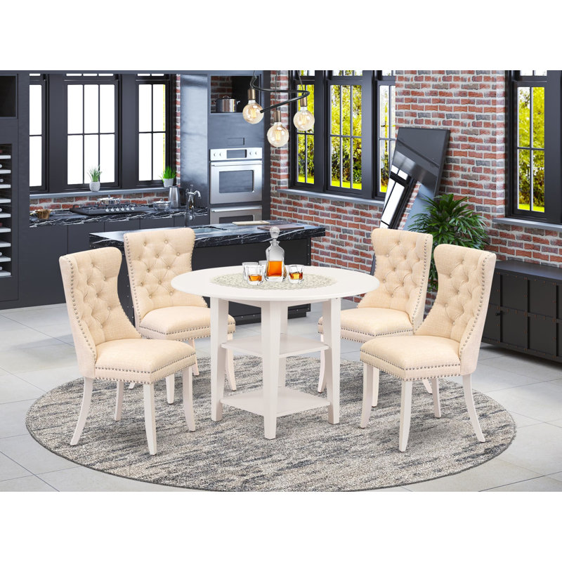 0AB1314A5BF24B68BEDB0253F3FA1715 Ensemble de salle à manger 5 pièces comprenant une table de cuisine ronde avec Dropleaf et tablettes et 4 chaises rembourrées, lin blanc