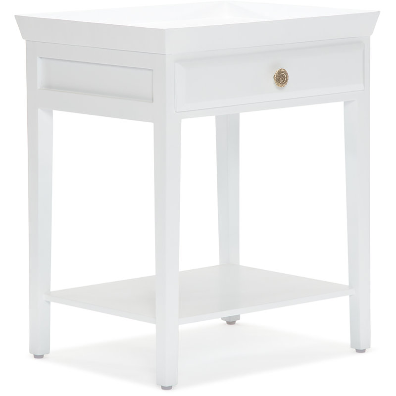 White and Gold Solid Wood Rectangular Bedside Table with Drawer