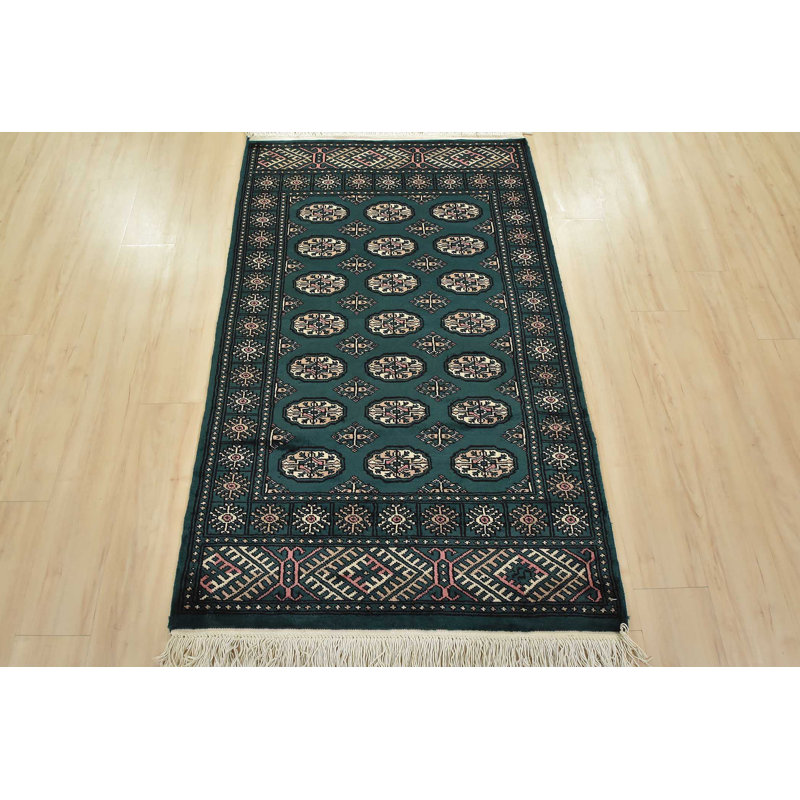 Tapis oriental en laine vert tribal noué à la main 3 pi 7 po x 5 pi Bokhara