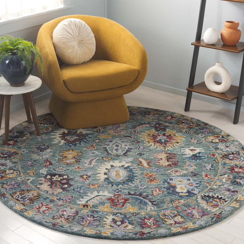 Tapis floral en laine / coton touffeté Shuo, Rond 6 pi