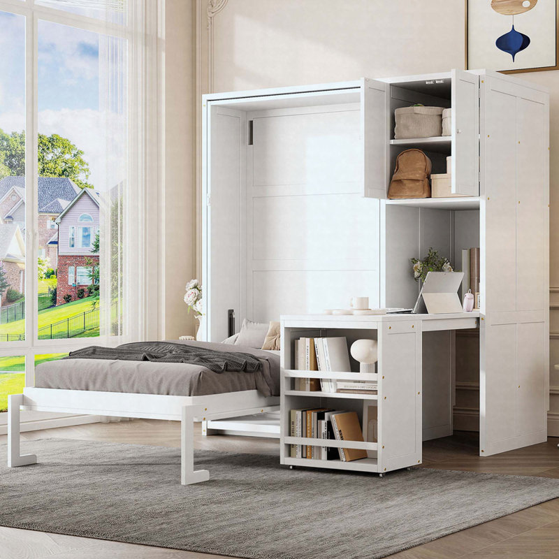 Lit escamotable simple avec bureau roulant, armoire de rangement et bibliothèque, Blanc