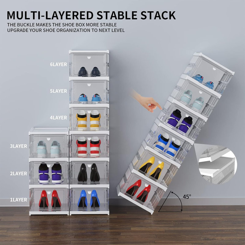 Shoe Boxes Clear Plastic Stackable, Shoe Storage Organizer Boxes Easy Installation All In One Shoe Box With Doors 6 Tier Foldable Shoe Box Space Saving For Closet Entryway Containers Bins