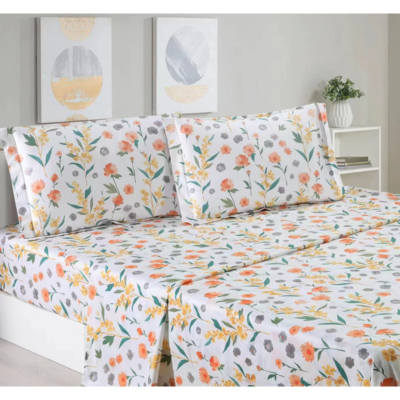 100% Cotton Twill Sheet Set, Queen Sheet Set + Fitted Sheet + 2 Pillowcases, Blue/Yellow/Orange Floral