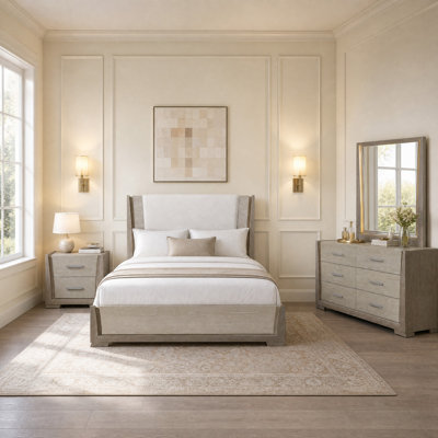 Ensemble de chambre à coucher Fayette moderne et contemporain en placage de chêne 4 pièces avec lit queen à éclairage DEL, table de chevet, commode et miroir