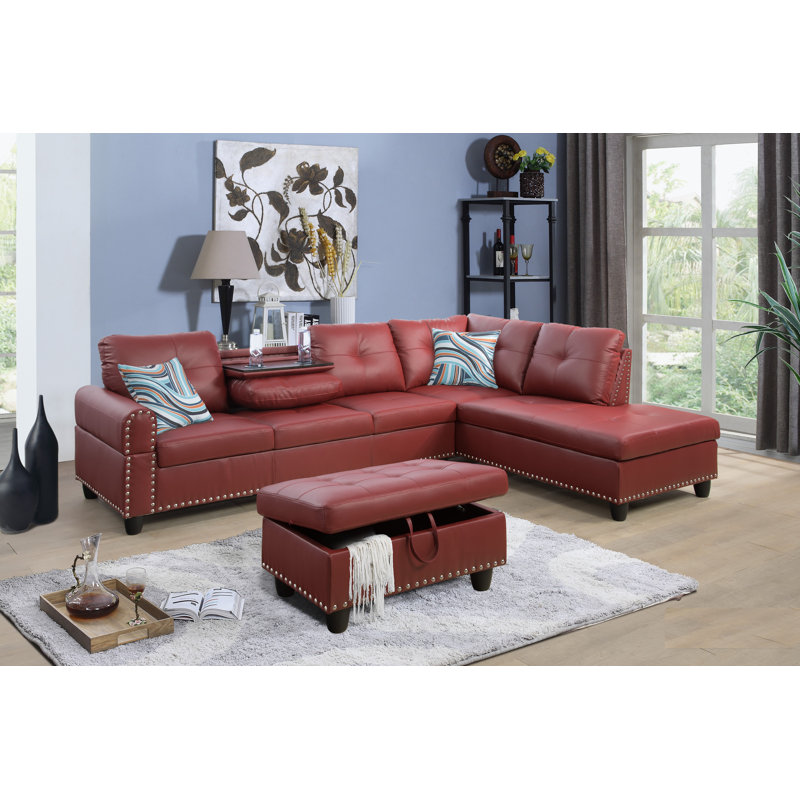 Adebisi Upholstered Sectional, Right Hand Facing, Red Faux Leather