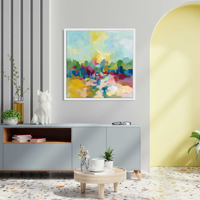 «Colorful Inlet» par Silvia Vassileva - Peinture, L 21,5 po x H 21,5 po, Cadre blanc