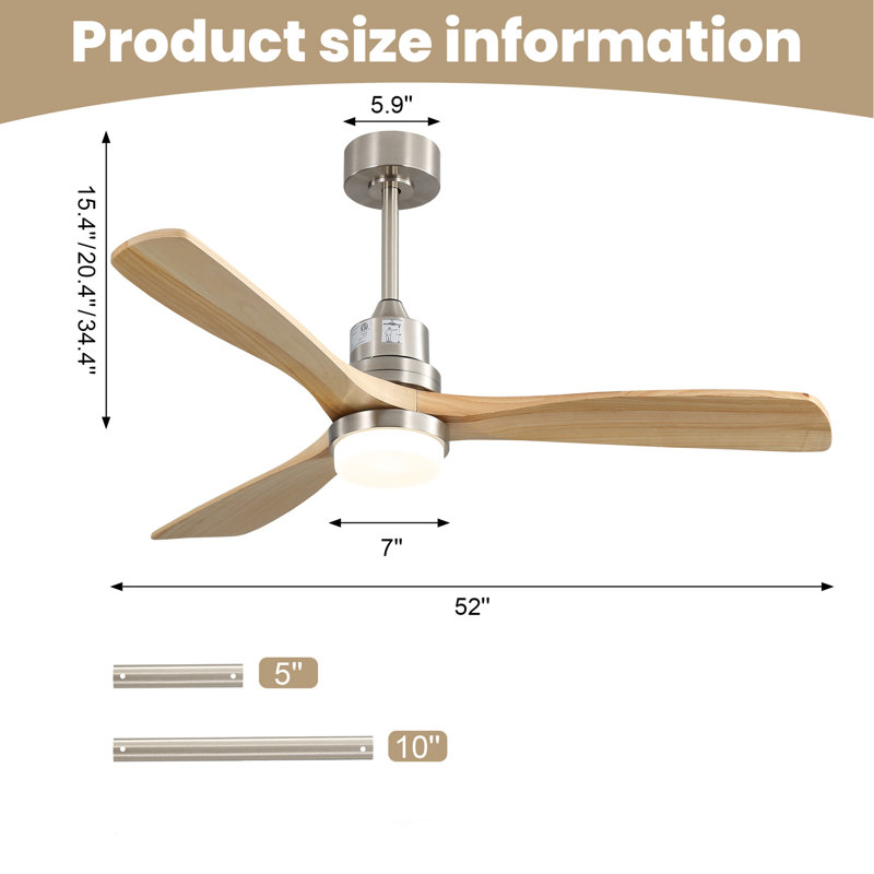 Ventilateur de plafond intelligent 52 pouces avec finition nickel sable et 3 pales en bois naturel à DEL à DEL 18 W à intensité variable et télécommande