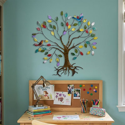 Arbre de vie en métal, sculpture de colibri à feuilles colorées pour décoration de jardin extérieur
