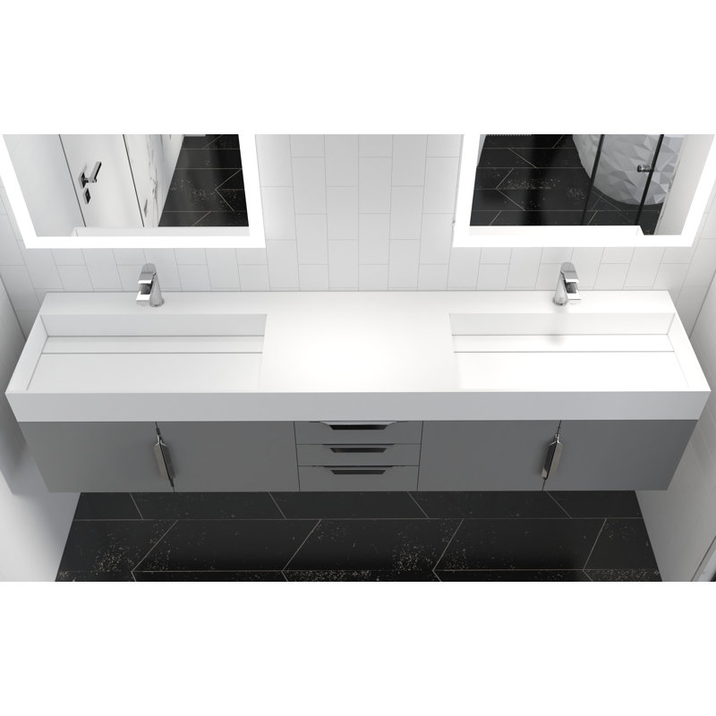 84" Amazon Double Bathroom Vanity with Top, White, Brushed Nickel, Gray