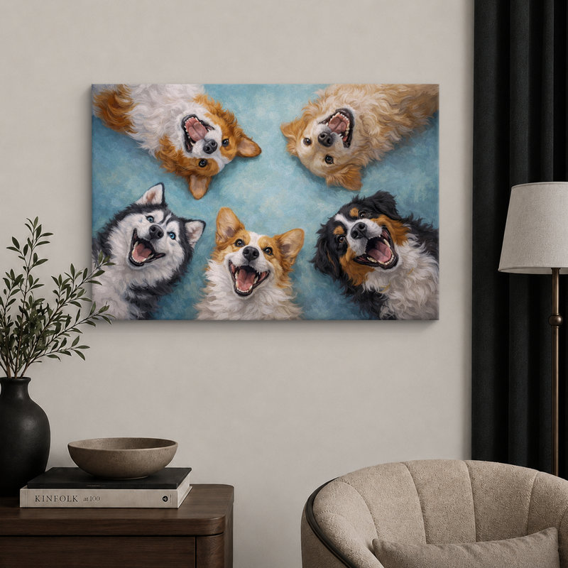 Illustration de joyeux groupe de chiens, images de salon, impression sur toile encadrée, H 16 po x l 24 po x P 1,5 po