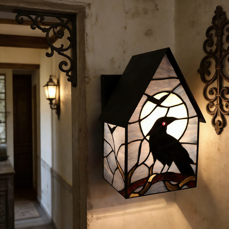 Tiffany-Style Stained Glass Outdoor Wall Sconce With Raven And Moon Design, Gothic Birdhouse Lantern For Porch, Entryway, And Patio
